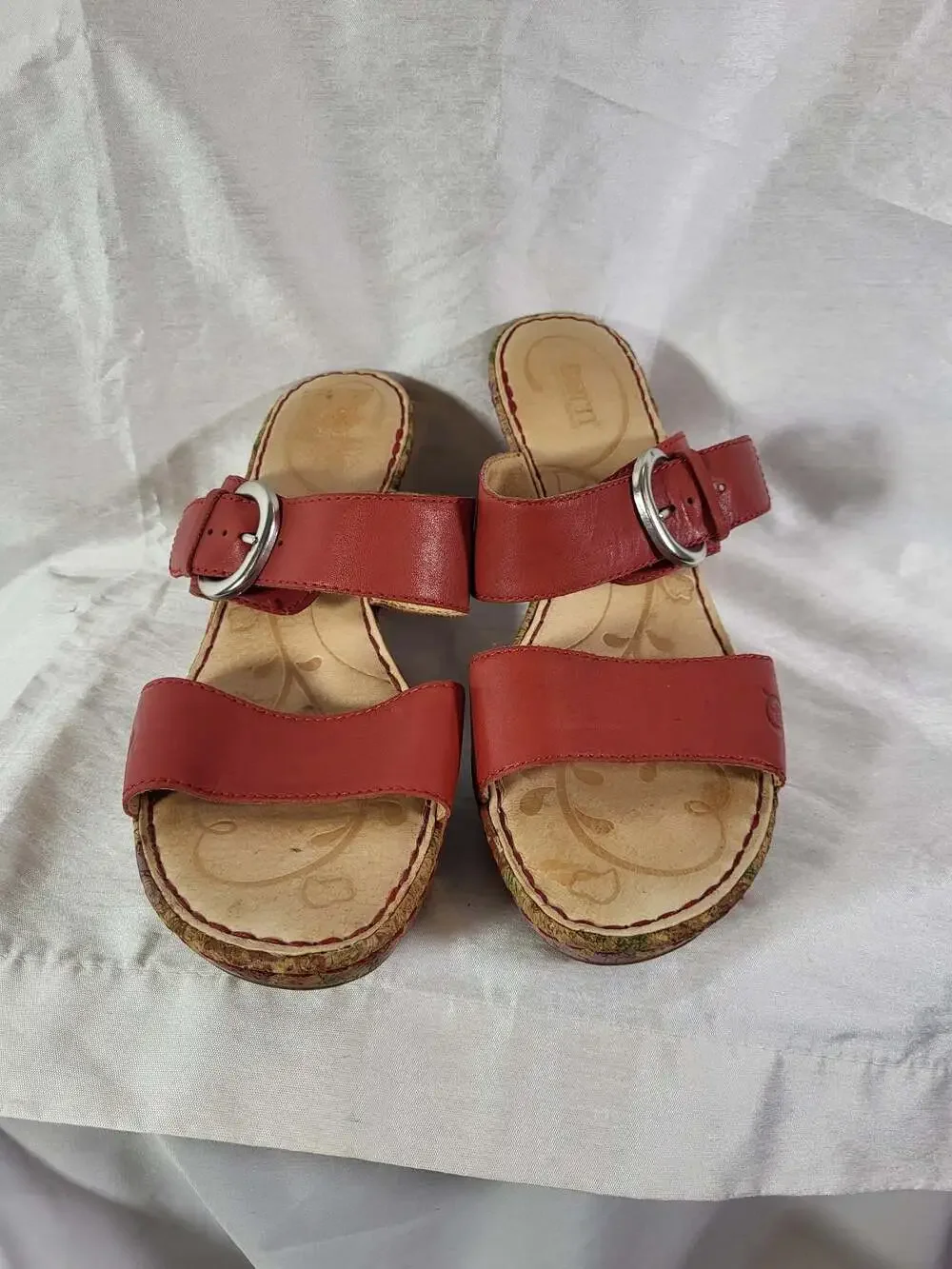 Born Red Leather Floral Cork Wedge Slide Sandals
